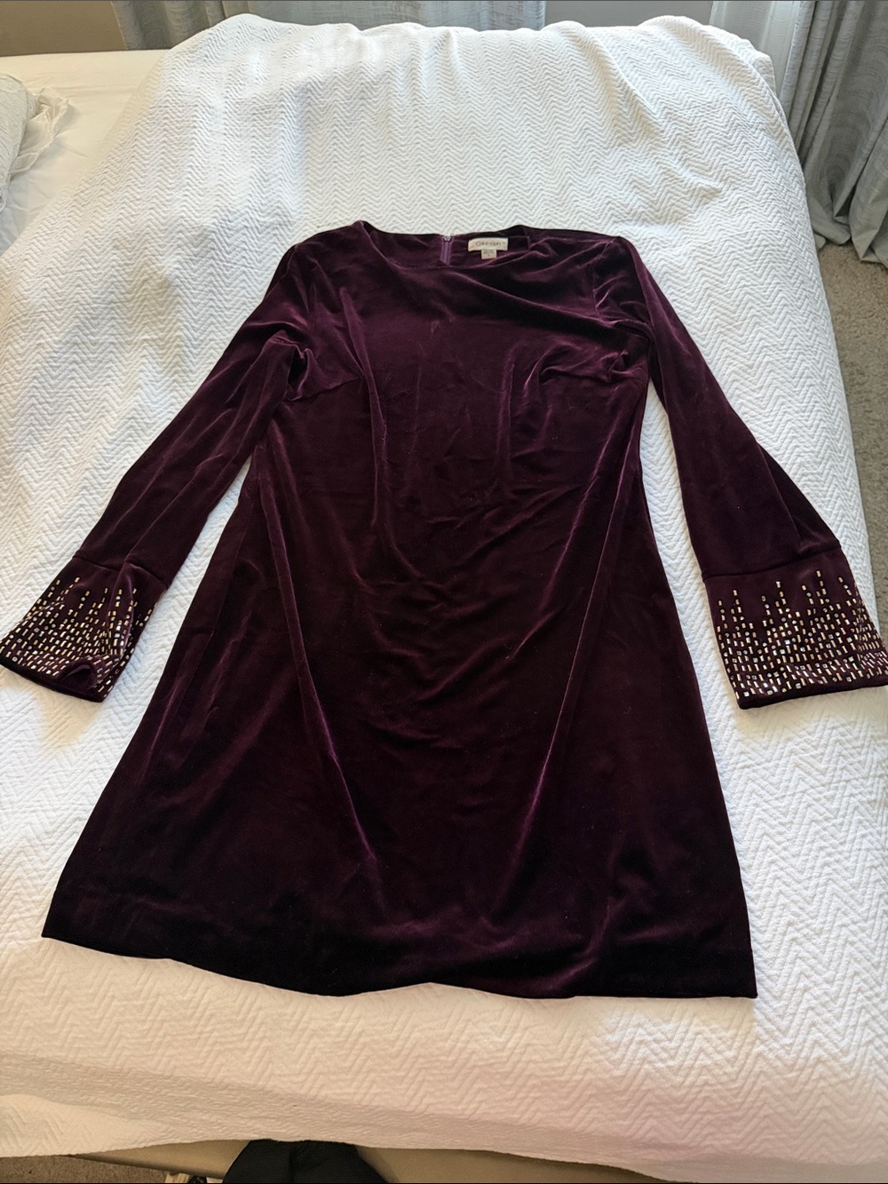 Calvin Klein Plum Velvet Long-Sleeve Dress with Beaded Cuffs